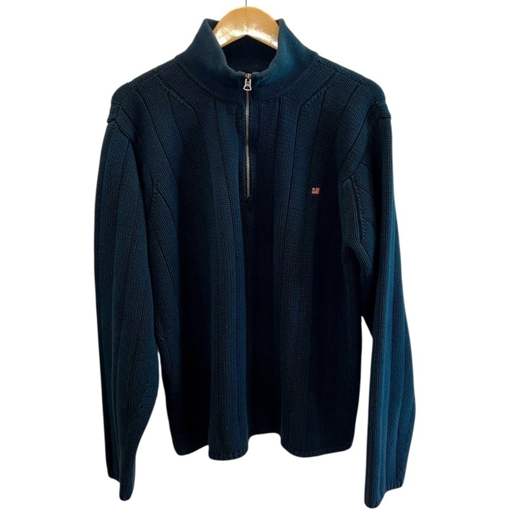 Polo Jeans Co. Ralph Lauren Cotton Knit 1/4 Zip American Flag Sweater Deep Blue - Picture 2 of 5